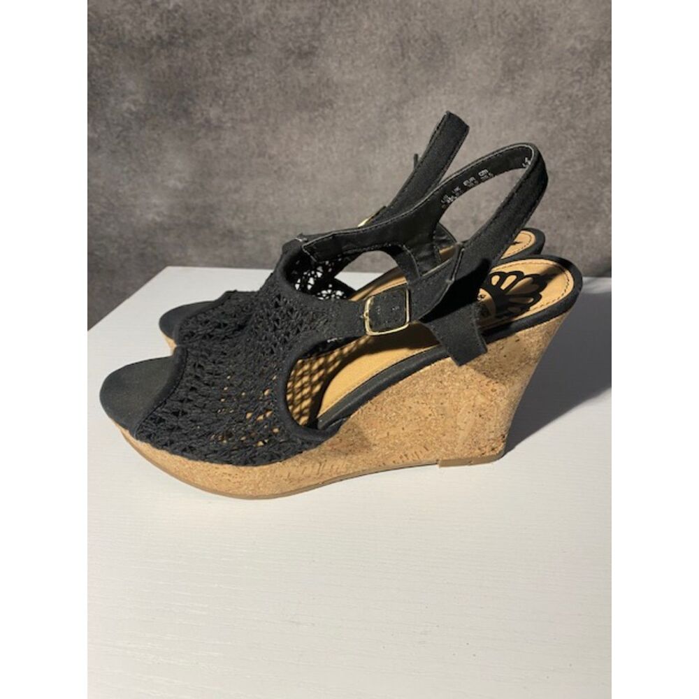 Fergalicious by Fergie Women's 8.5 M Black Crochet Cork Platform Wedge Sandals